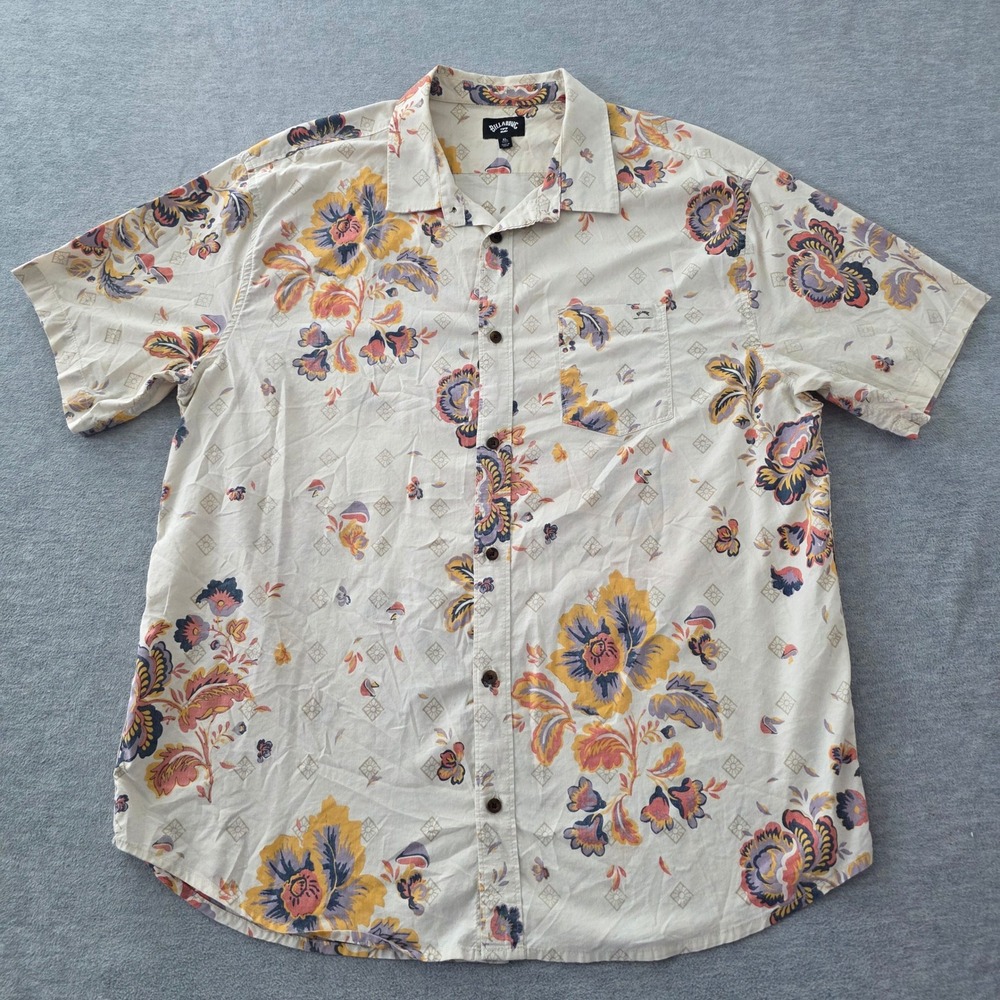 Billabong Mens XL Floral Geometric Print Short Sleeve Button Down Shirt Cream - Picture 2 of 7